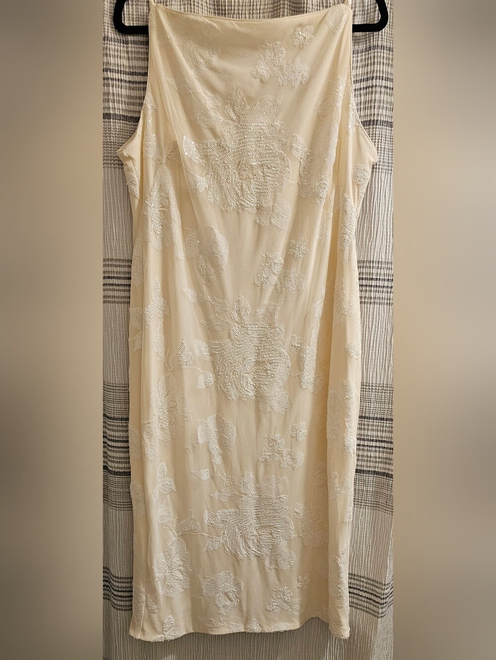 Donna Karan- Cream Sequined Floral Design Maxi Slip Dress